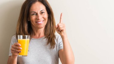Gülen yüz, bir numara ile bir fikir ya da soru işaret parmağı ile orta yaş kadın portakal suyu bir bardak içme şaşırttı