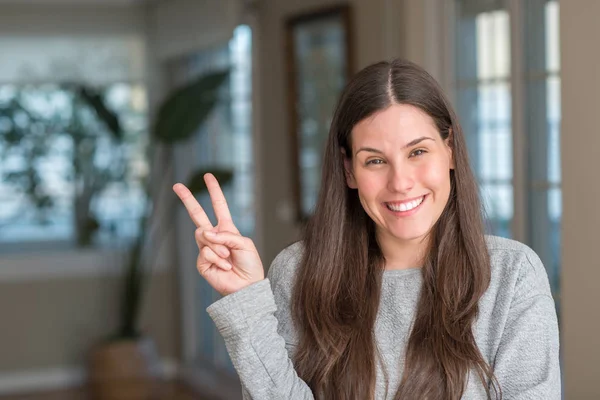 Young Beautiful Woman Home Smiling Happy Face Winking Camera Doing — Stock Photo, Image