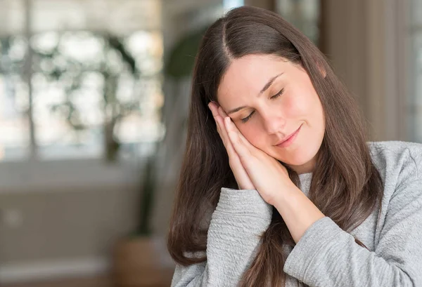 Young Beautiful Woman Home Sleeping Tired Dreaming Posing Hands Together — Stock Photo, Image