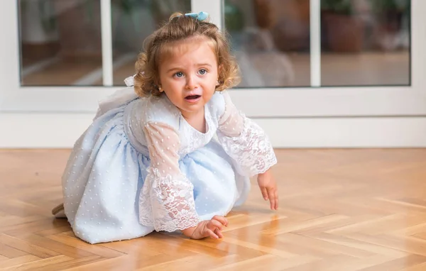 Beautiful Blonde Child Dress Crying Trantrum Sitting Floor Home — Stock Photo, Image