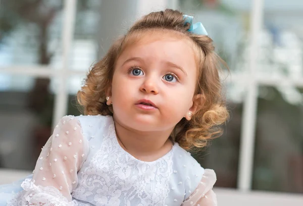 Beautiful Happy Blond Child Dress Sitting Floor Home Close — Stock Photo, Image