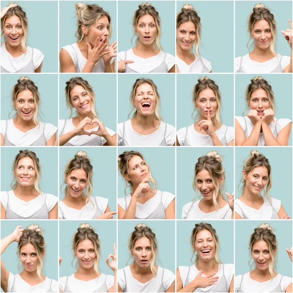 Young Woman Diferent Emotions Collage Vintage Green Background — Stock Photo, Image