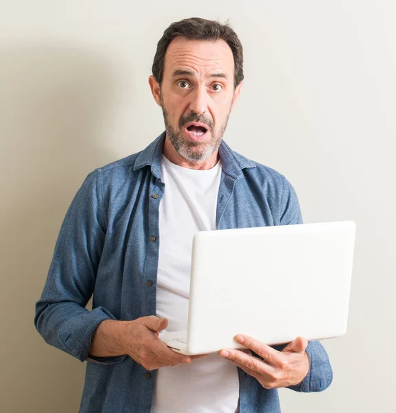 Senior Mann Mit Laptop Computer Erschrocken Mit Einem Überraschungsgesicht Ängstlich — Stockfoto