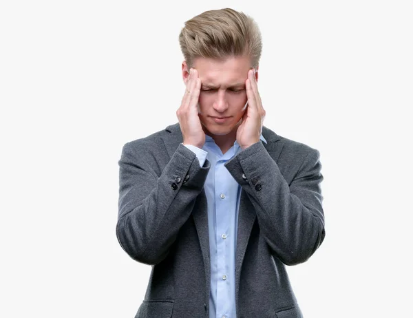 Young Handsome Blond Business Man Hand Head Pain Head Because — Stock Photo, Image