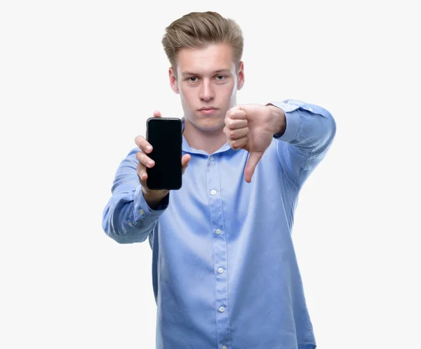 Young Handsome Blond Man Using Smartphone Angry Face Negative Sign — Stock Photo, Image