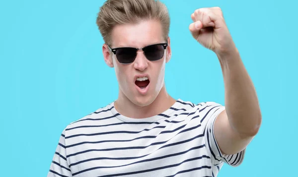 Young Handsome Blond Man Wearing Sunglasess Annoyed Frustrated Shouting Anger — Stock Photo, Image
