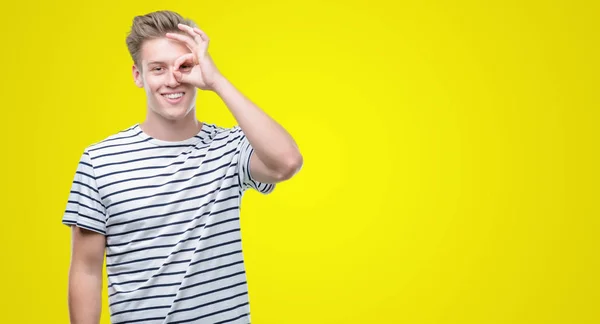 Young Handsome Blond Man Wearing Stripes Sailor Shirt Happy Face — Stock Photo, Image