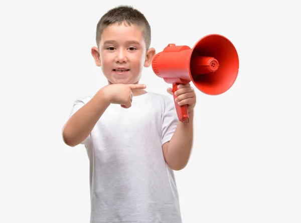 Dark Haired Little Child Holding Megaphone Very Happy Pointing Hand — Stock Photo, Image