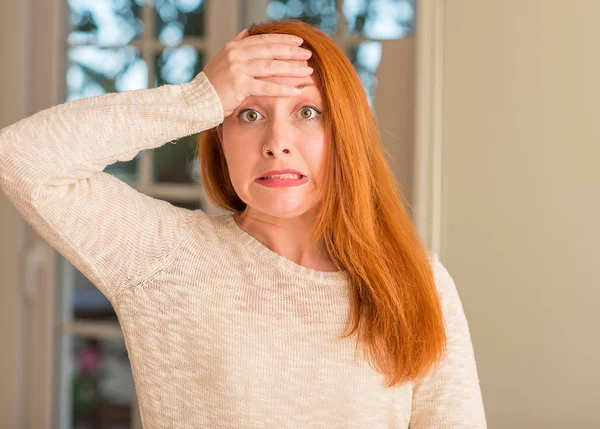 Redhead Woman Home Stressed Hand Head Shocked Shame Surprise Face — Stock Photo, Image