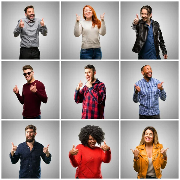 Gruppo Persone Miste Donne Uomini Che Sorridono Mostrando Ampiamente Pollici — Foto Stock