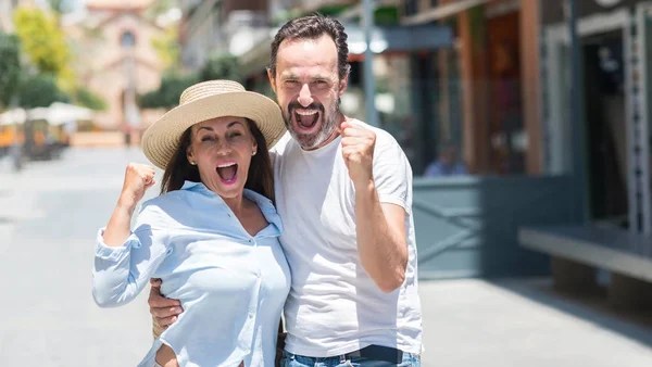 Middle Age Couple Street Screaming Proud Celebrating Victory Success Very — Stock Photo, Image