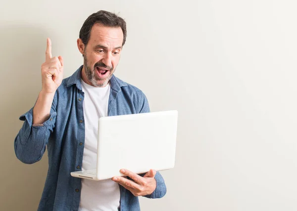 Senior Man Using Laptop Computer Surprised Idea Question Pointing Finger — Stock Photo, Image