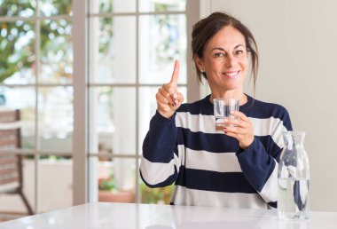 Bir bardak su ile bir fikir ya da gülen yüz, bir numara ile parmak işaret soru sürpriz içme orta yaşlı kadın