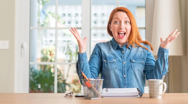 Redhead Woman Studying Home Very Happy Excited Winner Expression Celebrating — Stock Photo, Image