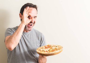 Komuta sizde mutlu yüz el parmaklarının arasından seyir göz üzerinde ok işaretiyle yapıyor gülümseyen ile pizza holding