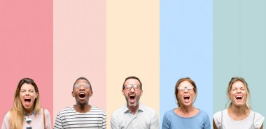 Karışık grup insanlar, kadın ve erkek bıkkın ve sinirli stresli, panik, korku içinde. Hoş bir jest. İş sataşmak beni çıldırtıyor