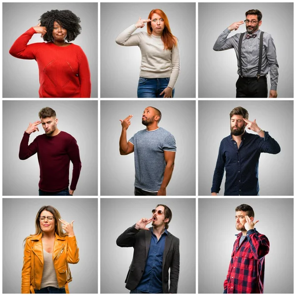 Groep Gemengd Mensen Mannen Vrouwen Ongelukkig Zelfmoord Gebaar Moe Van — Stockfoto