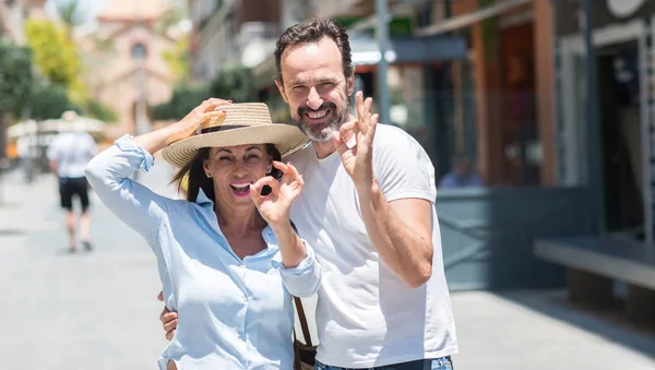 Middle Age Couple Street Doing Sign Fingers Excellent Symbol — Stock Photo, Image