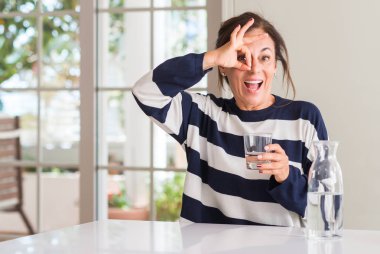 Orta yaşlı kadın ile mutlu yüz el parmaklarının arasından seyir göz üzerinde ok işaretiyle yapıyor gülümseyen bir bardak su içme