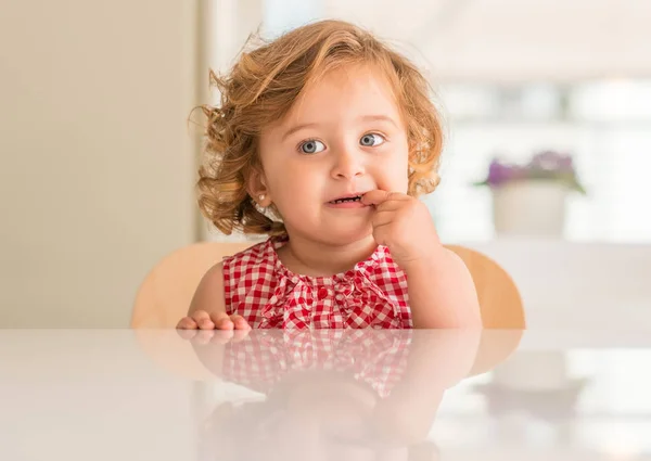 Beautiful Blonde Child Blue Eyes Eating Candy Home — Stock Photo, Image