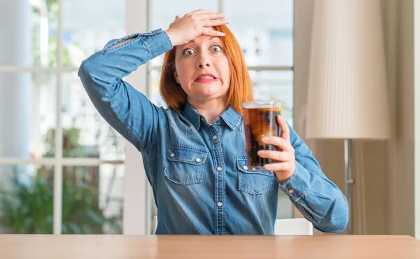Redhead Woman Holding Soda Refreshment Stressed Hand Head Shocked Shame — Stock Photo, Image