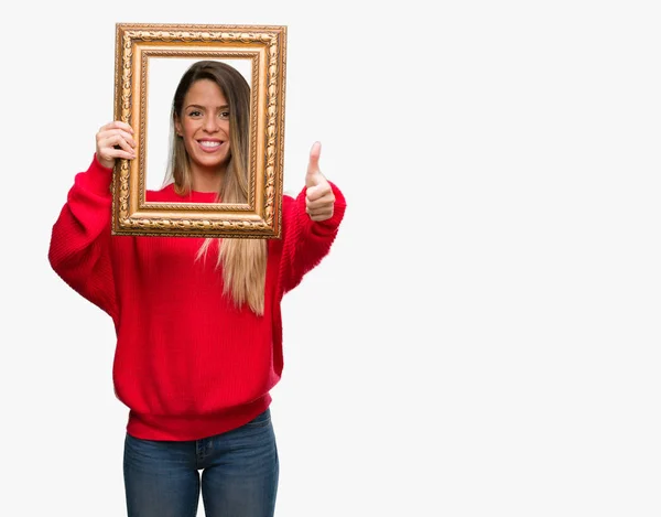 Mooie Jonge Vrouw Vintage Frame Gelukkig Houden Met Grote Glimlach — Stockfoto