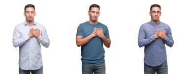 Göğüs kapalı gözler ve yüzünde minnettar jest ile gülümseyen farklı kıyafetler giymiş yakışıklı genç eller. Sağlık kavramı.