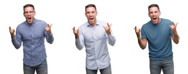 Deli ifade rock simge elle yapıyor ile bağırarak farklı kıyafetler giymiş yakışıklı delikanlı. Müzik yıldızı. Ağır kavramı.