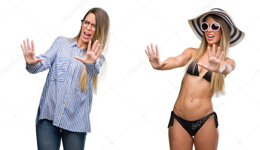Young beautiful blonde woman wearing business and bikini outfits afraid and terrified with fear expression stop gesture with hands, shouting in shock. Panic concept.