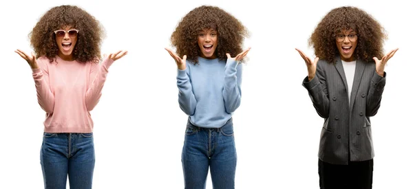 Giovane Donna Afroamericana Che Indossa Abiti Diversi Celebrando Pazzo Stupito — Foto Stock