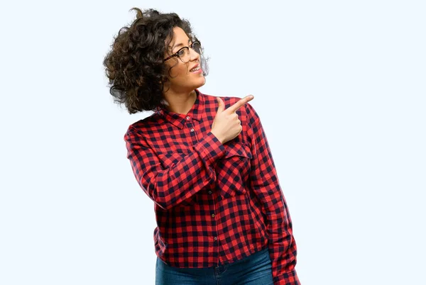 Beautiful Arab Woman Pointing Away Side Finger — Stock Photo, Image