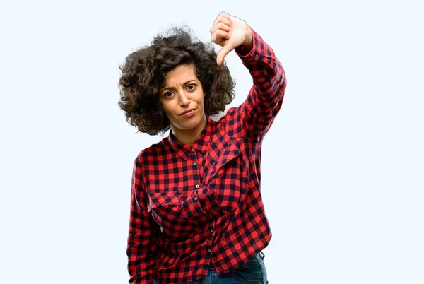 Beautiful Arab Woman Showing Thumbs Unhappy Sign Dislike Negative Expression — Stock Photo, Image