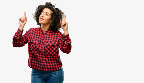 Beautiful Arab Woman Happy Surprised Cheering Pointing — Stock Photo, Image