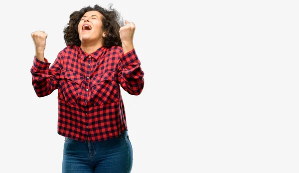 Beautiful Arab Woman Happy Excited Expressing Winning Gesture Successful Celebrating — Stock Photo, Image