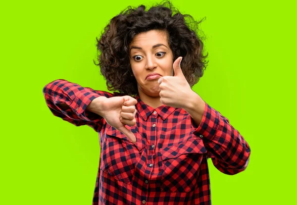 Beautiful Arab Woman Confused Thumbs Trying Take Decision Expressing Doubt — Stock Photo, Image