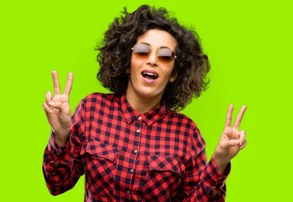 Beautiful Arab Woman Happy Excited Expressing Winning Gesture Successful Celebrating — Stock Photo, Image