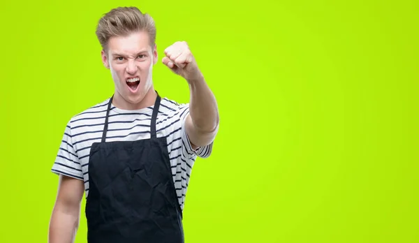 Young Handsome Blond Man Wearing Apron Annoyed Frustrated Shouting Anger — Stock Photo, Image