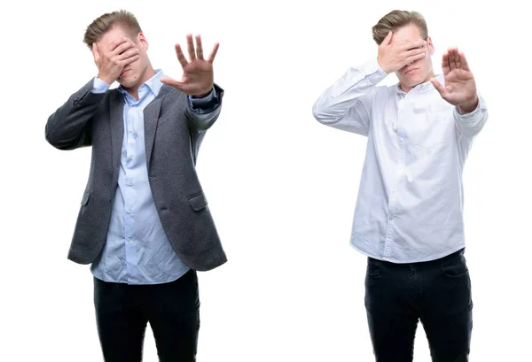 Young Handsome Blond Business Man Wearing Different Outfits Covering Eyes — Stock Photo, Image