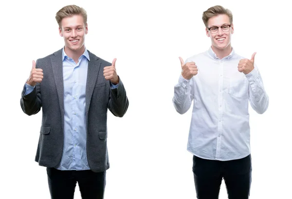 Junger Gut Aussehender Blonder Geschäftsmann Verschiedenen Outfits Mit Positiver Geste — Stockfoto