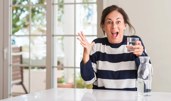 Middle Aged Woman Drinking Glass Water Very Happy Excited Winner — Stock Photo, Image