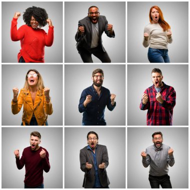 Büyük başarı, güç, enerji ve olumlu duygular ifade karma insanlar, kadınlar ve erkekler mutlu ve heyecanlı kutluyor zafer grubudur. Yeni iş neşeli kutluyor