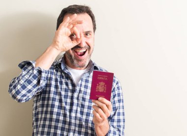 Komuta sizde mutlu yüz el parmaklarının arasından seyir göz üzerinde ok işaretiyle yapıyor gülümseyen ile İspanyol pasaportu holding