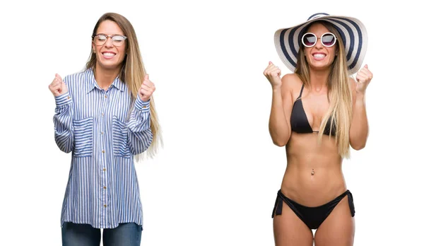 Unga Vackra Blonda Kvinnan Bär Business Och Bikini Outfits Glada — Stockfoto