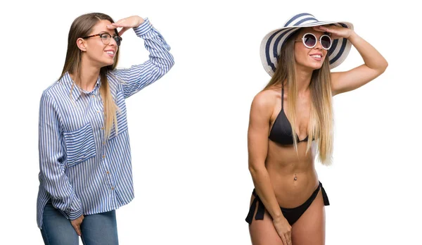 Jovem Mulher Loira Bonita Vestindo Roupas Negócios Biquíni Muito Feliz — Fotografia de Stock