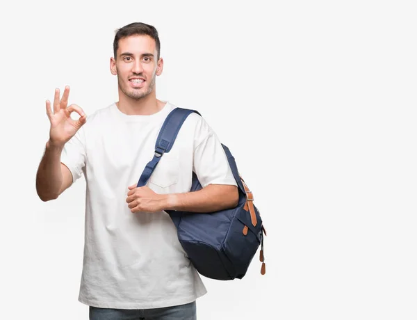 Schöner Junger Mann Mit Rucksack Tut Zeichen Mit Fingern Ausgezeichnetes — Stockfoto