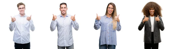 Team Van Mannen Vrouwen Bedrijfssucces Ondertekenen Positief Gebaar Met Hand — Stockfoto