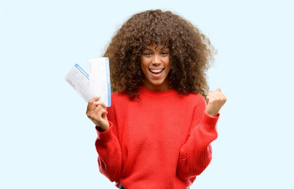 African American Woman Holding Airline Boarding Pass Tickets Screaming Proud — Stock Photo, Image
