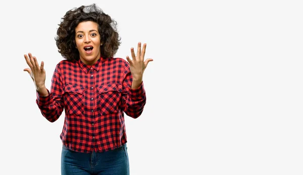 Beautiful Arab Woman Happy Surprised Cheering Expressing Wow Gesture — Stock Photo, Image