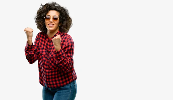 Beautiful Arab Woman Happy Excited Celebrating Victory Expressing Big Success — Stock Photo, Image