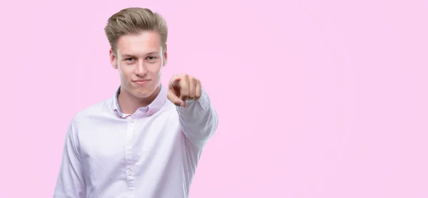 Young Handsome Blond Man Pointing Finger Camera You Hand Sign — Stock Photo, Image